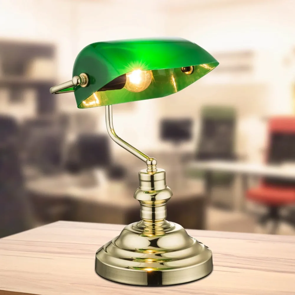 Globo Antikk bordlampe, messing/grønn, høyde 36 cm, metall| Kontorbelysning|Bordlamper