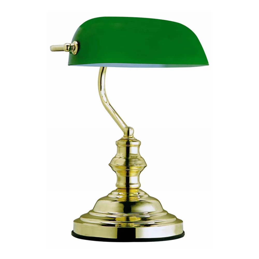 Globo Antikk bordlampe, messing/grønn, høyde 36 cm, metall| Kontorbelysning|Bordlamper
