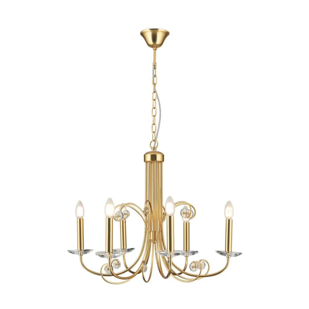ORION Ariane lysekrone, gullfarget, Ø 67,5 cm, krystall, 5 lyskilder.| Lysekroner