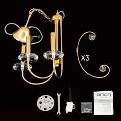 ORION Ariane lysekrone, gullfarget, Ø 50 cm, krystall, 3 lyskilder.