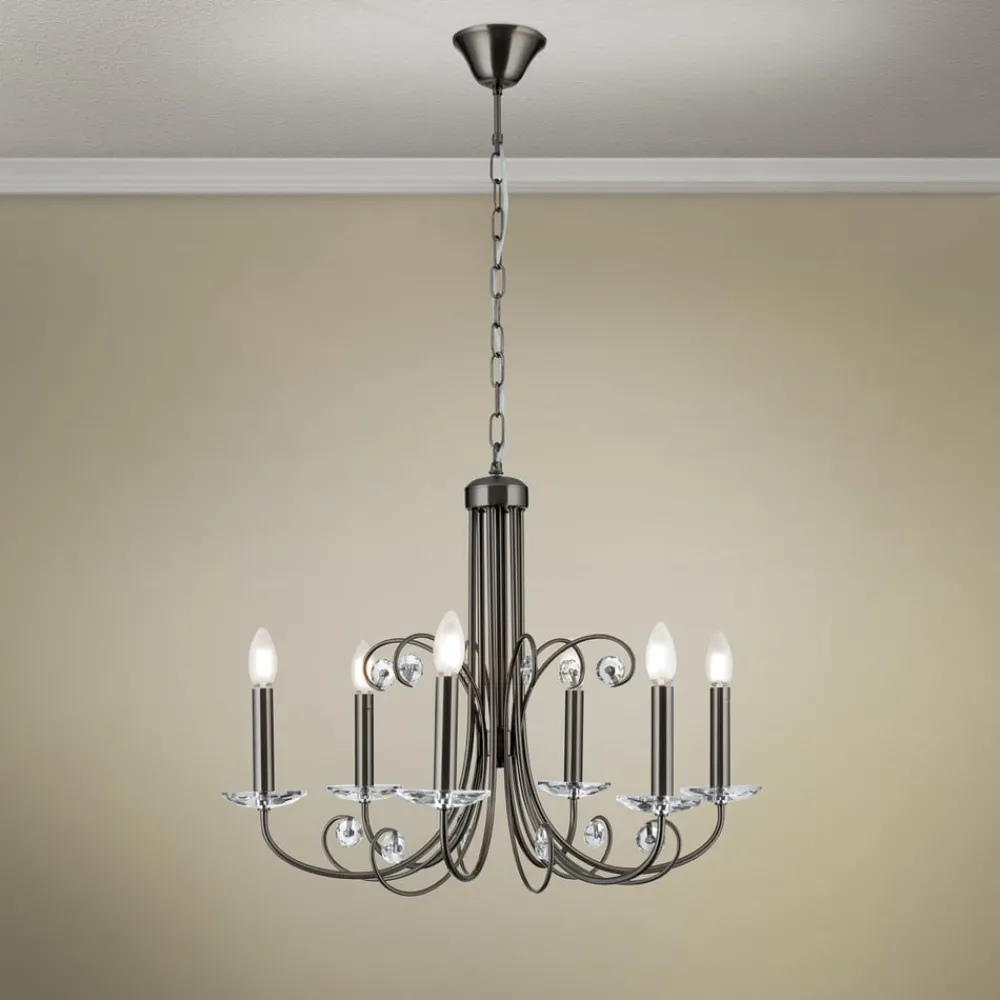 ORION Ariane lysekrone, nikkel, Ø 67,5 cm, krystall, 5 lyskilder.| Lysekroner