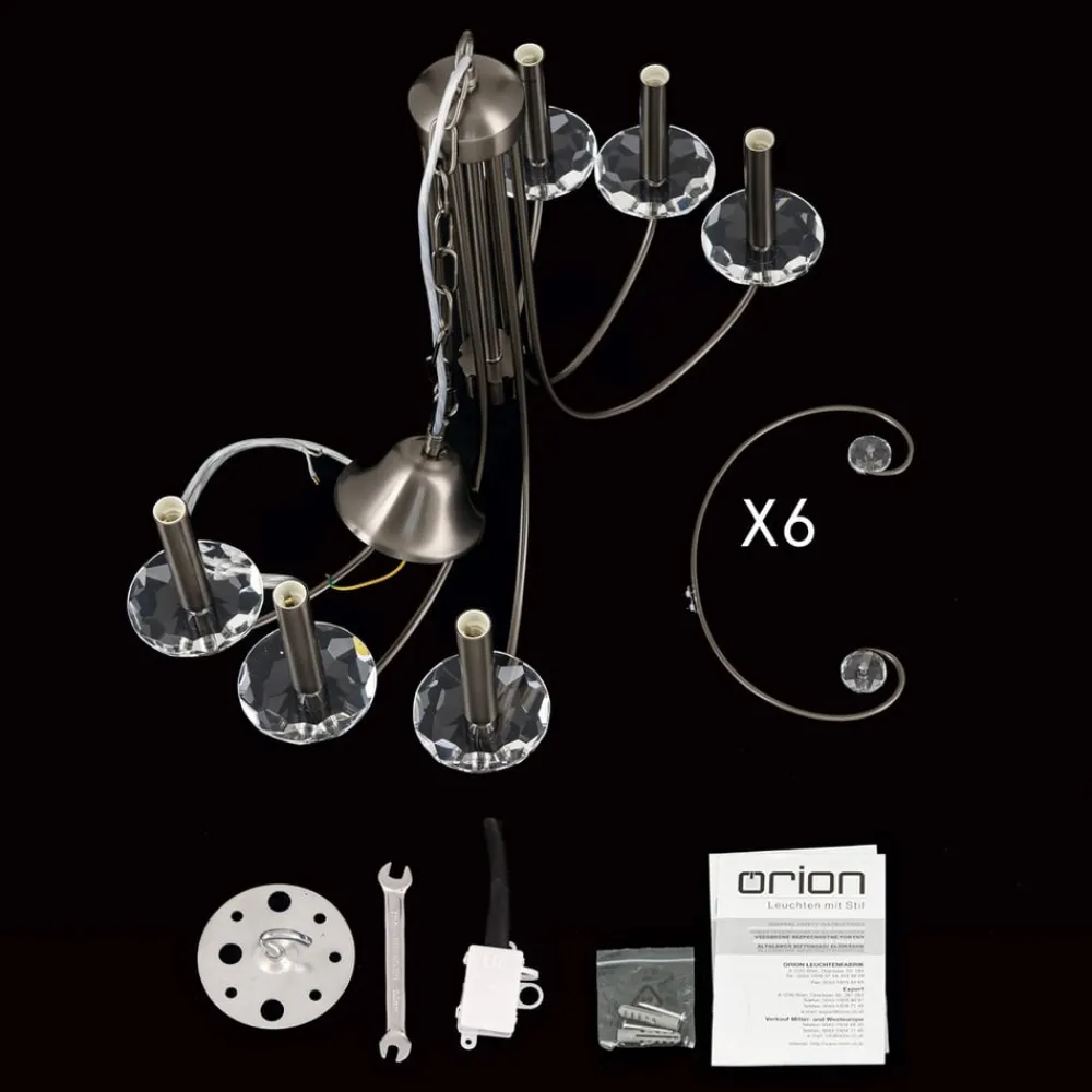 ORION Ariane lysekrone, nikkel, Ø 67,5 cm, krystall, 5 lyskilder.| Lysekroner