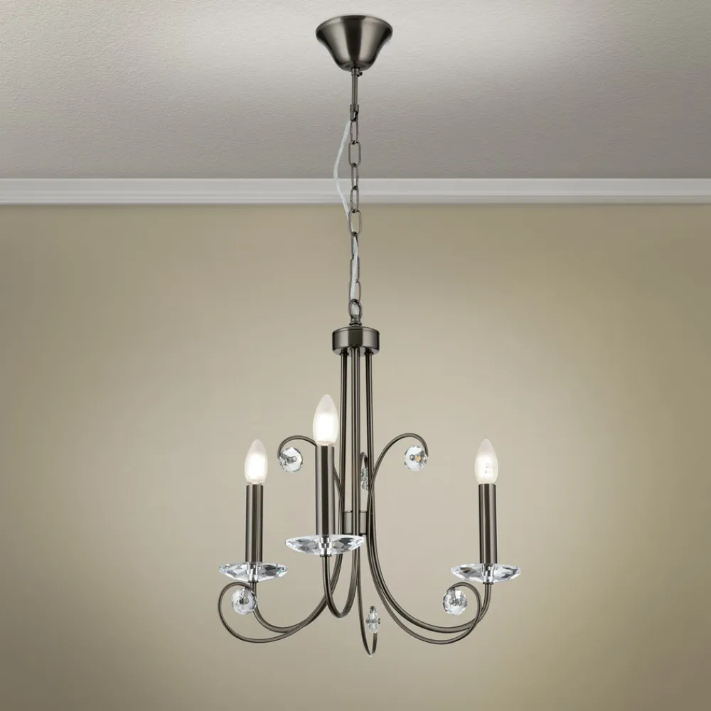 ORION Ariane lysekrone, nikkelfarget, Ø 50 cm, krystall, 3 lyskilder. Hot