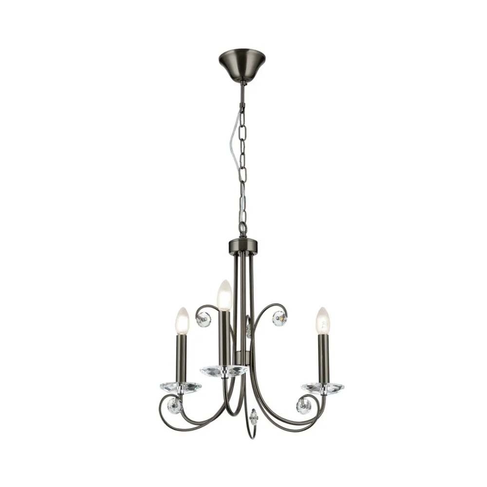 ORION Ariane lysekrone, nikkelfarget, Ø 50 cm, krystall, 3 lyskilder. Hot