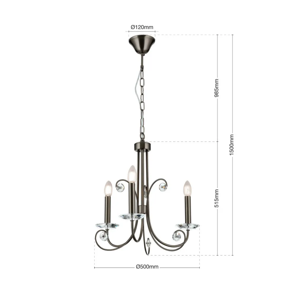 ORION Ariane lysekrone, nikkelfarget, Ø 50 cm, krystall, 3 lyskilder. Hot