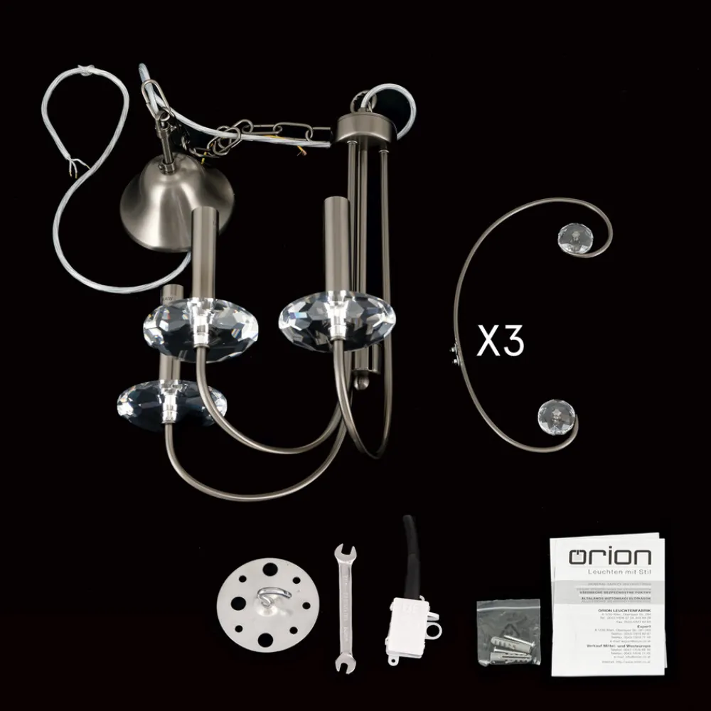 ORION Ariane lysekrone, nikkelfarget, Ø 50 cm, krystall, 3 lyskilder. Hot