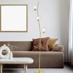 miloox by Sforzin Camely gulvlampe, børstet gull/klar, 3 lyskilder, glass| Gulvlamper