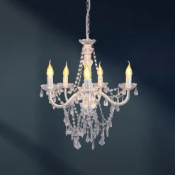 Näve Cecilia lysekrone, hvit, jern/akryl, Ø 52 cm, 5 lyskilder. Discount