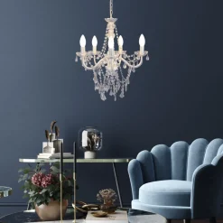 Näve Cecilia lysekrone, hvit, jern/akryl, Ø 52 cm, 5 lyskilder. Discount