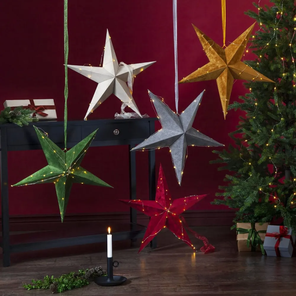 STAR TRADING Dekostjerne Velvet med Dew Drop LED-lyslenke rød| Julebelysning