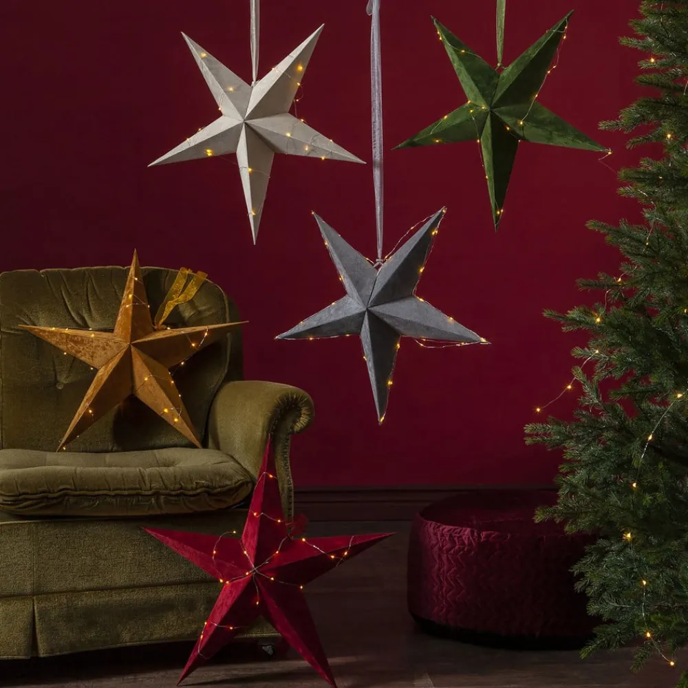STAR TRADING Dekostjerne Velvet med Dew Drop LED-lyslenke rød| Julebelysning