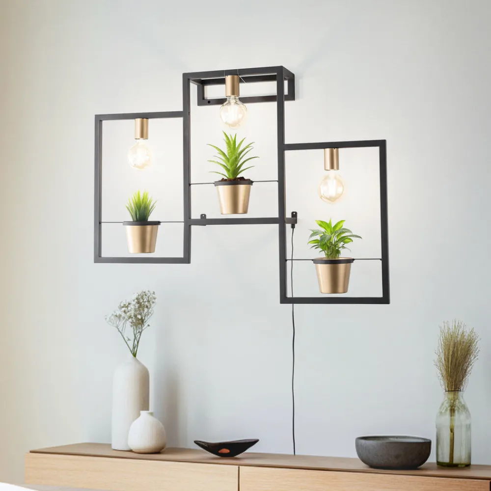 Luminex Flores vegglampe, 3 lyskilder, svart/gull, med støpsel