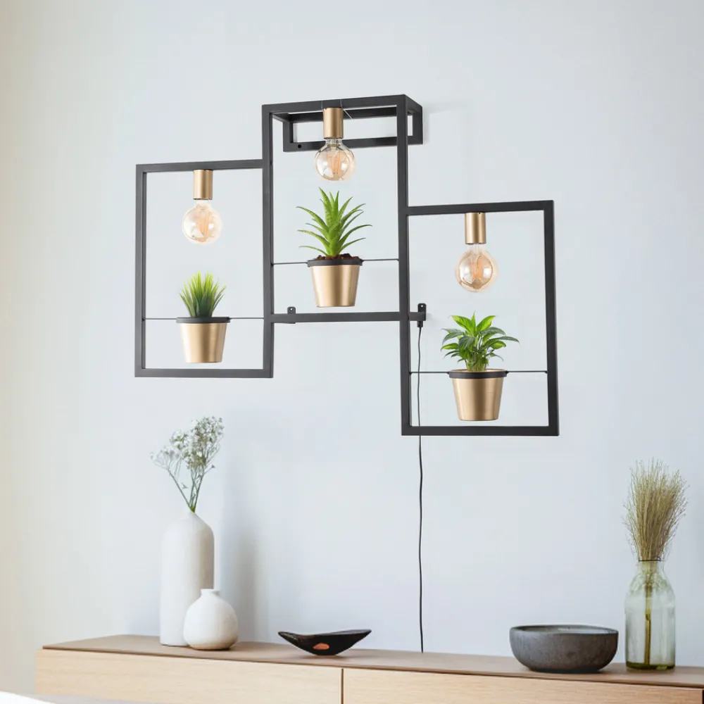 Luminex Flores vegglampe, 3 lyskilder, svart/gull, med støpsel