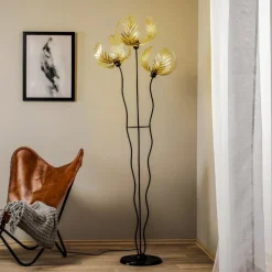 ONLI Gulvlampe Dubai, palmedekor, 3 lyskilder, gull| Gulvlamper