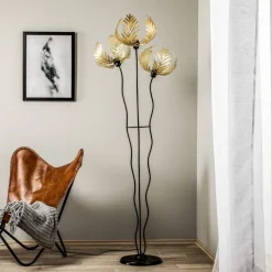 ONLI Gulvlampe Dubai, palmedekor, 3 lyskilder, gull| Gulvlamper