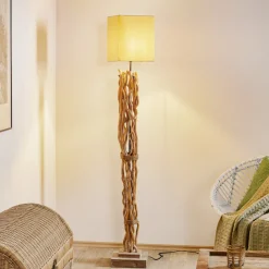 ONLI Gulvlampe Marica med stoffskjerm og treelement