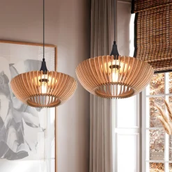 Trio Lighting Hengelampe Colino av trelameller, lyst tre Clearance