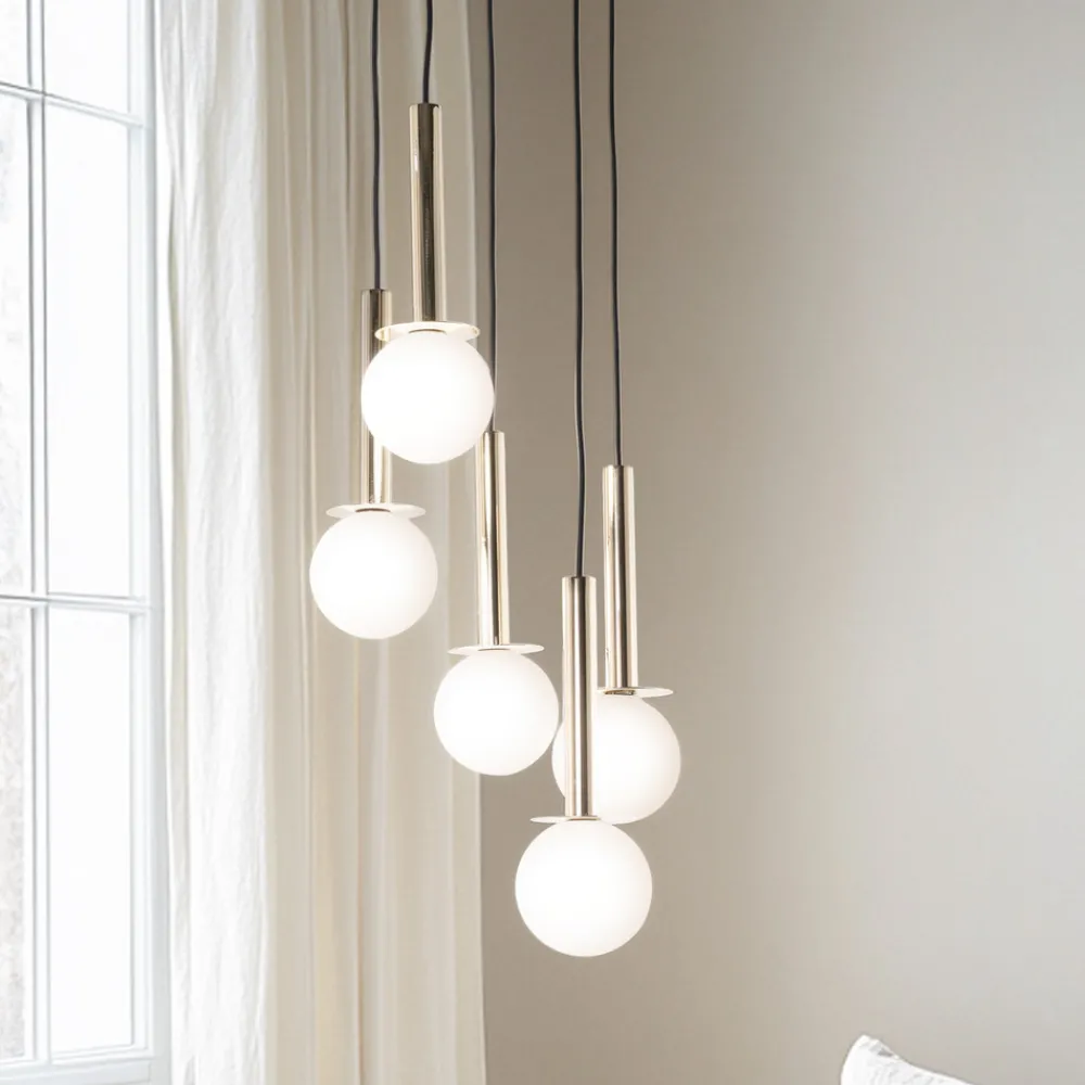 SIGMA Hengelampe Daisy, 5 lyskilder, gull/hvit/svart, glass Hot