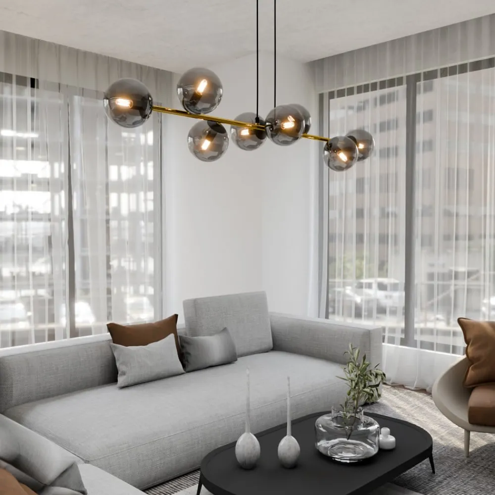 Euluna Hengelampe Glassy, 8 lyskilder, svart/gull/grafitt| Pendellamper