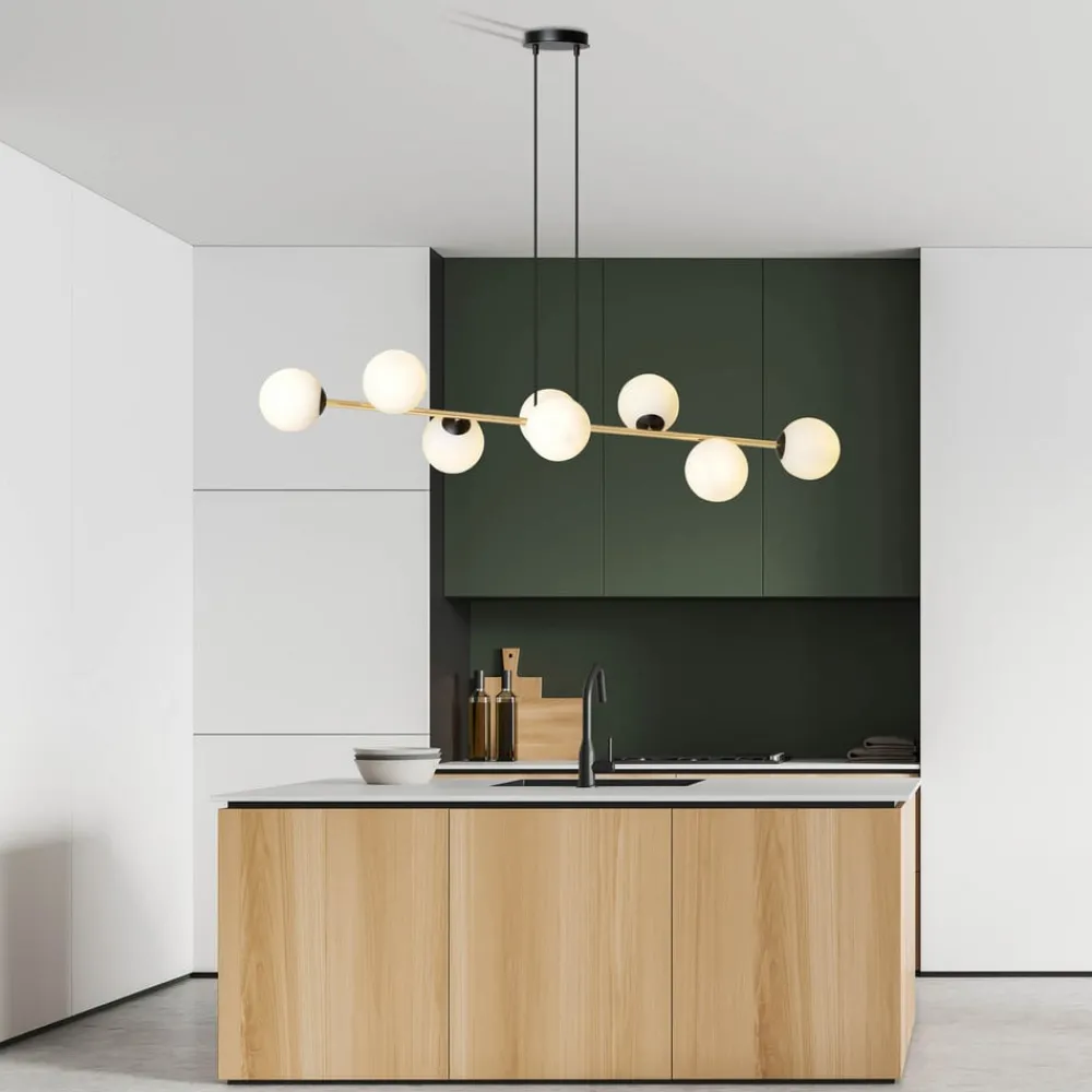 Euluna Hengelampe Glassy, 8 lyskilder, svart/gull/opal| Pendellamper