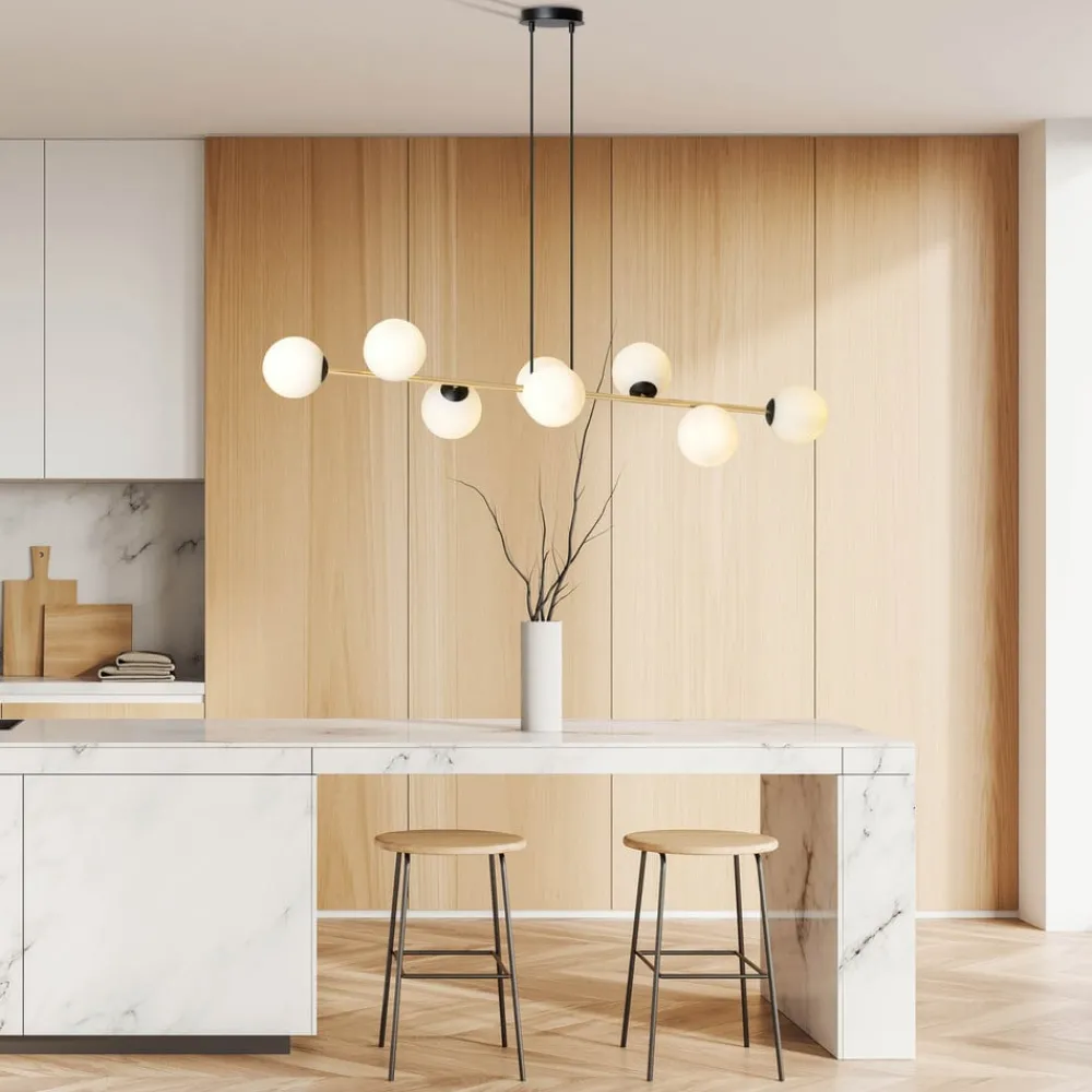 Euluna Hengelampe Glassy, 8 lyskilder, svart/gull/opal| Pendellamper