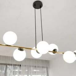 Euluna Hengelampe Glassy, 8 lyskilder, svart/gull/opal| Pendellamper