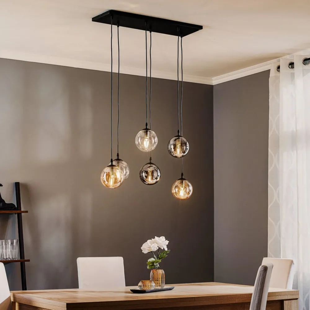 EMIBIG LIGHTING Hengelampe Glassy, 6 lyskilder, grafitt/amber/klar, glass, 75 cm| Pendellamper