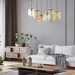 TK Lighting Hengelampe Marco Brown, 6 lyskilder, klar/brun Discount