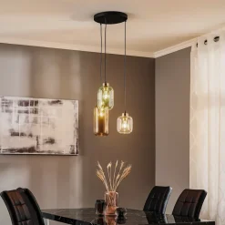 TK Lighting Hengelampe Marco Green, 3 lyskilder klar/grønn/brun New