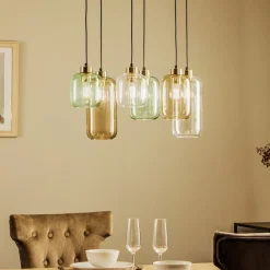 TK Lighting Hengelampe Marco Green, 6 lyskilder klar/grønn/brun| Pendellamper