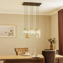 TK Lighting Hengelampe Marco Green, 6 lyskilder klar/grønn/brun| Pendellamper