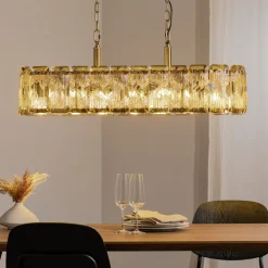 Lucea Hengelampe Orvin, messing antikk 96x30 cm glass/metall 16-lys.| Pendellamper