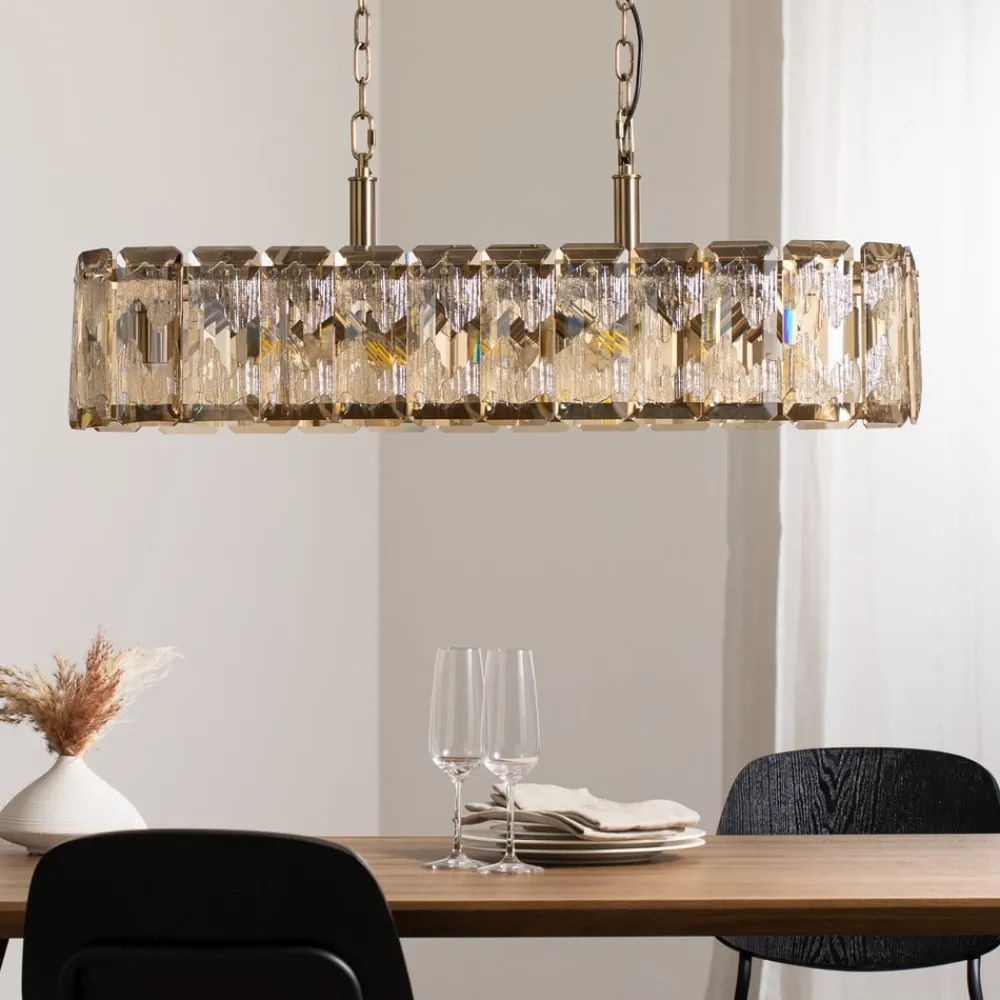 Lucea Hengelampe Orvin, messing antikk 96x30 cm glass/metall 16-lys.| Pendellamper