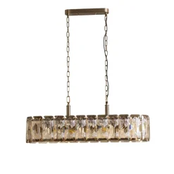 Lucea Hengelampe Orvin, messing antikk 96x30 cm glass/metall 16-lys.| Pendellamper