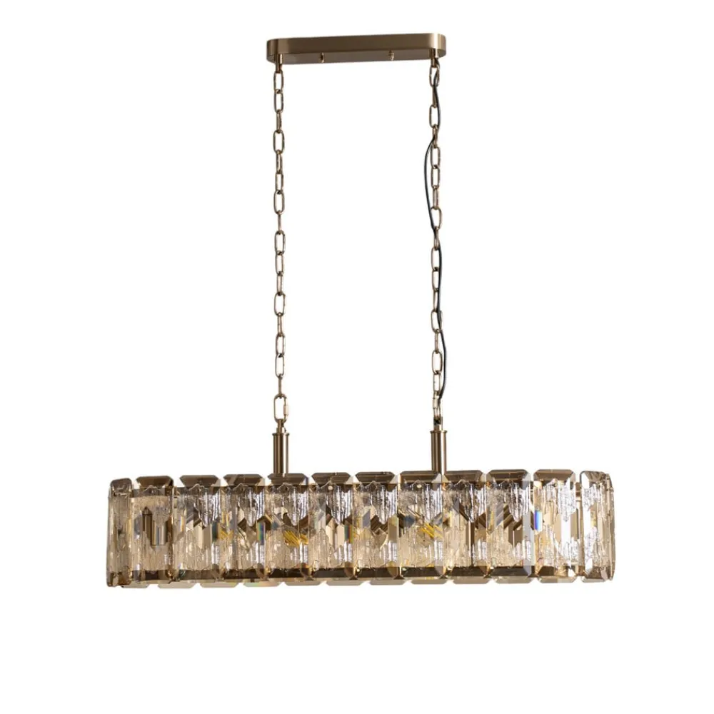 Lucea Hengelampe Orvin, messing antikk 96x30 cm glass/metall 16-lys.| Pendellamper