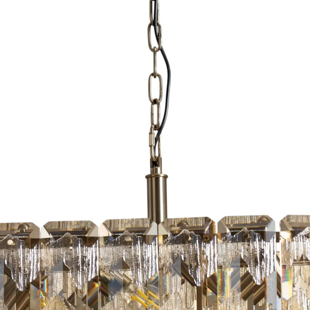 Lucea Hengelampe Orvin, messing antikk 96x30 cm glass/metall 16-lys.| Pendellamper