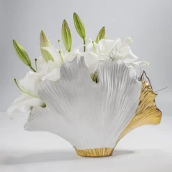 KARE Ginkgo Elegance-vase, høyde 18 cm, steintøy, hvit, gull Sale