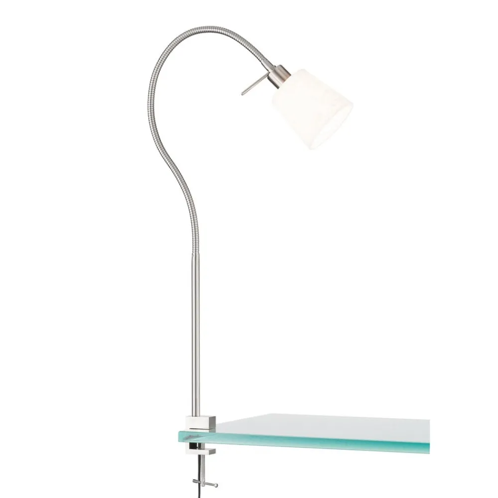 FISCHER & HONSEL Klemmelampe Jam, skjerm av tøy, nikkel/hvit| Bordlamper