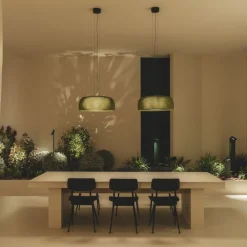 LEDS-C4 LED-hengelampe Gong, grønn, 2700 K, Ø 61,2 cm, stoff| Butikkbelysning