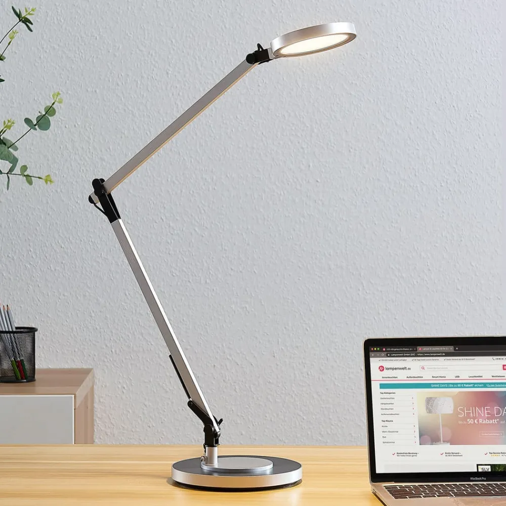 Lindby LED-skrivebordslampe Rilana med dimmer, sølvfarget| Kontorbelysning|Led-Innendørs