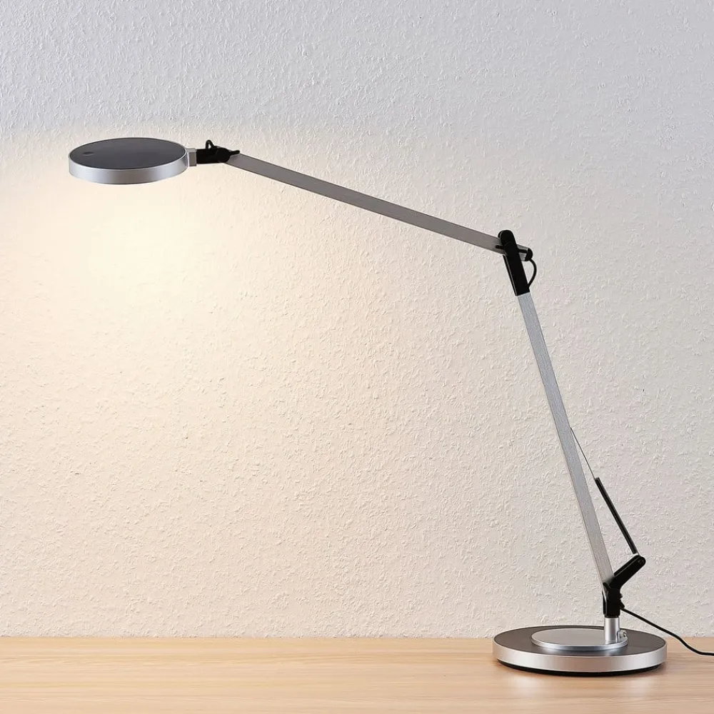 Lindby LED-skrivebordslampe Rilana med dimmer, sølvfarget| Kontorbelysning|Led-Innendørs