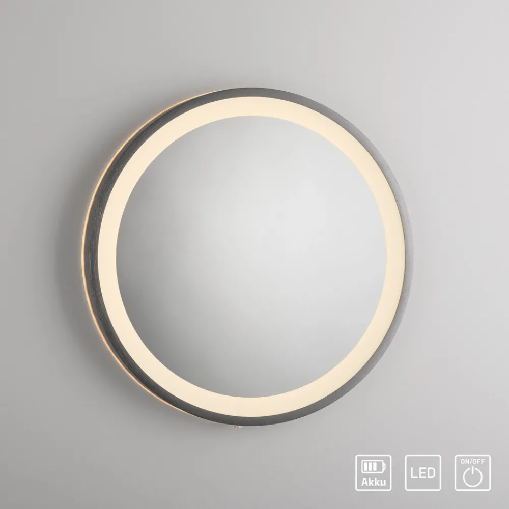 Paul Neuhaus LED-veggspeil VIDRO, grå, Ø 36 cm, powerbank, bryter Outlet