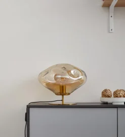 Lindby bordlampe Lelia, ravfarget, glass, metall, Ø 35 cm| Bordlamper