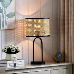 Lindby bordlampe Yaelle, 50 cm høy, rotting, svart, E27 Hot