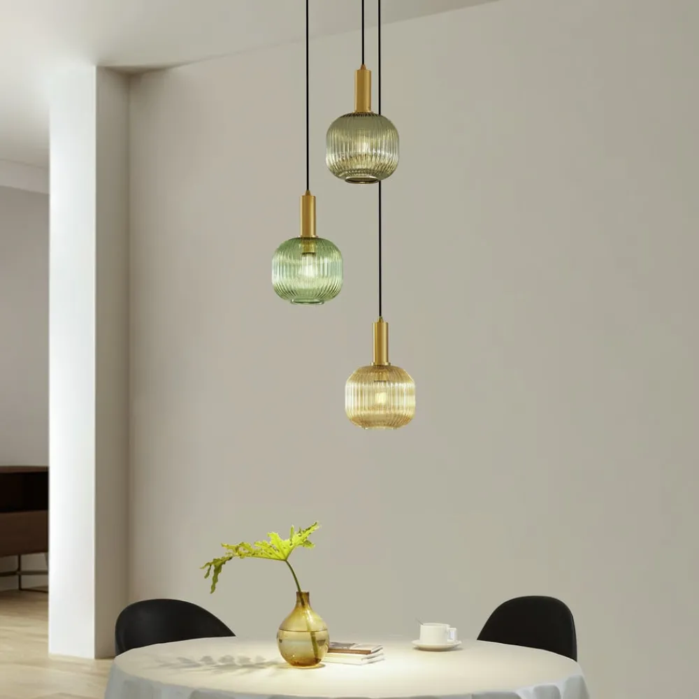 Lindby Doroteo hengelampe, 3 lyskilder, grønn/amber/grå, glass| Pendellamper