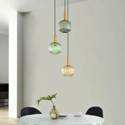 Lindby Doroteo hengelampe, 3 lyskilder, grønn/amber/grå, glass| Pendellamper