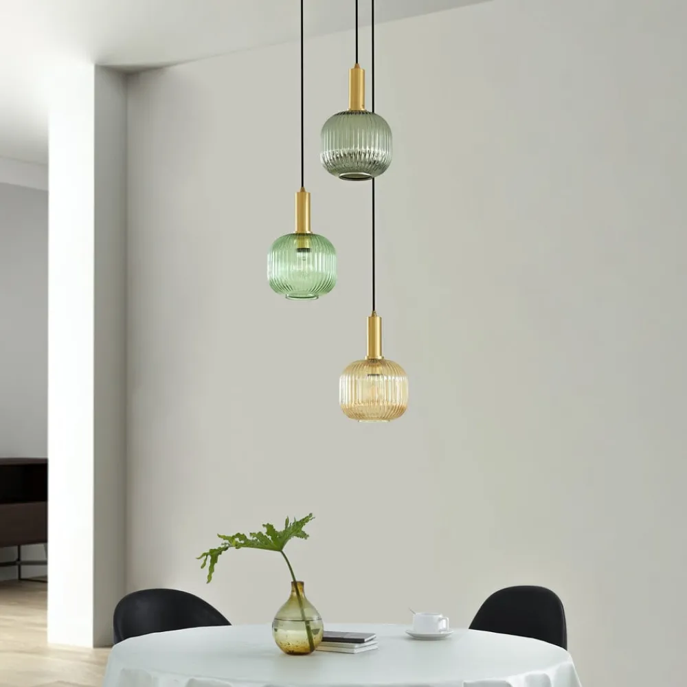 Lindby Doroteo hengelampe, 3 lyskilder, grønn/amber/grå, glass| Pendellamper