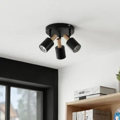 Lindby downlight Junes, 3 lyskilder, Ø 30 cm, svart, tre New