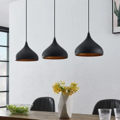 Lindby Elamira pendellampe, svart, metall, 133 cm, 3 lyskilder. Hot