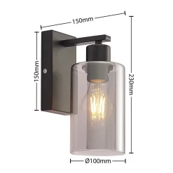 Lindby Emavi vegglampe, svart/røykgrå, glass, E27| Vegglamper